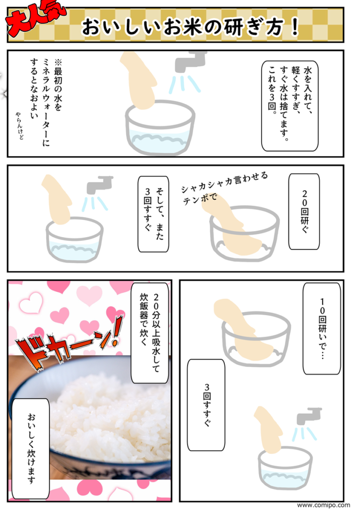 おいしいお米の研ぎ方を漫画で説明